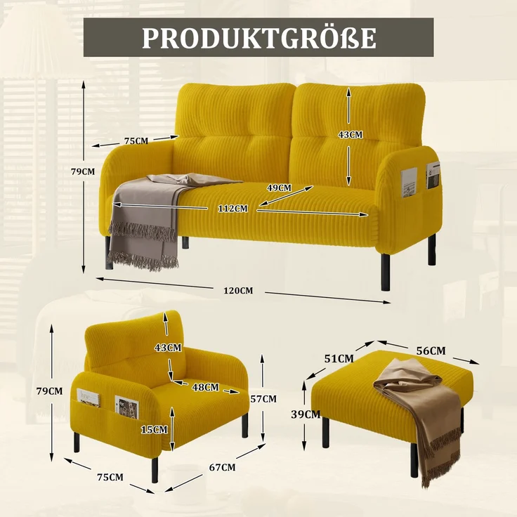 LVHOM Cord 3er-Set 2-Sitzer+Sessel+Hocker, Flexibel für Wohnzimmer Ecksofa mit Seitentaschen, Sitzgruppe Gelb – Bild 2
