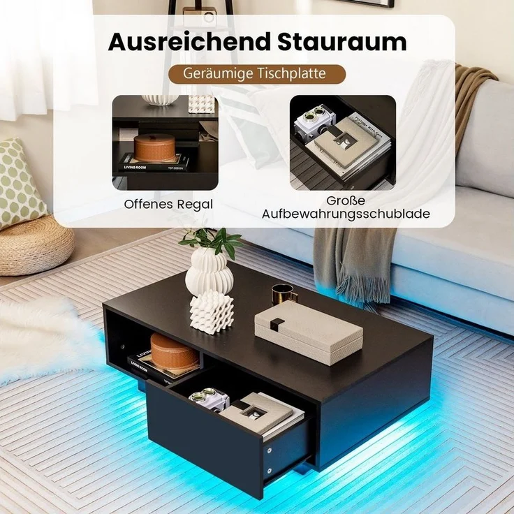 COSTWAY Couchtisch, mit 20 Farben LED-Beleuchtung, Fernbedienung, Schublade – Bild 3