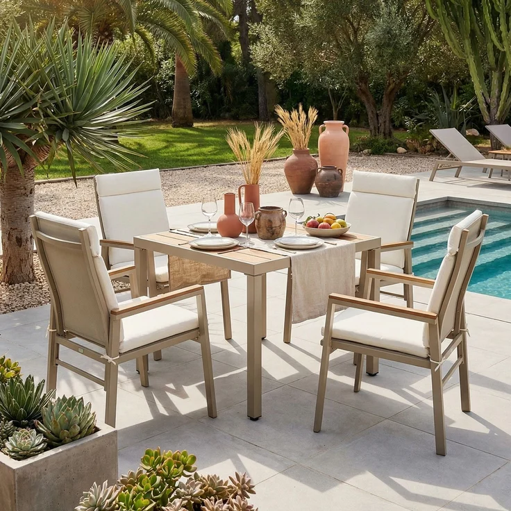 Garten-Essgruppe für 4 Personen mit Tisch und 4 Stühlen, verzinktem Eisen, Kunststoffholz-Tischplatte, Khaki + Beige – Bild 4