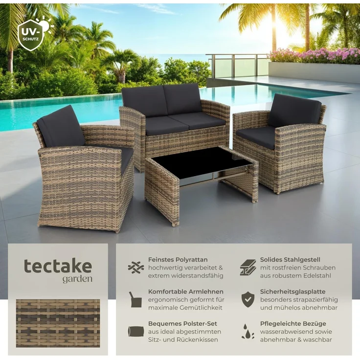 tectake Lounge Gartenmöbel Set Poly Rattan für den Garten, Möbel für den Balkon, 12-teilige Garten Lounge (wetterfest), Essgruppe mit Outdoor Sofa, Sessel und Tisch für 4 Personen (Natur/Dunkelgrau) – Bild 2