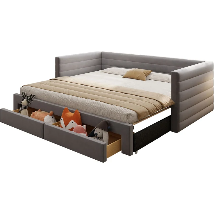 Merax Einzelbett Polsterbett 90 x 190cm/180 x 190cm Schlafsofa mit Ausziehbett, Tagesbett Daybett mit 2 Schubladen, Sofabett mit Lattenrost, Veloursstoff, grau – Bild 10