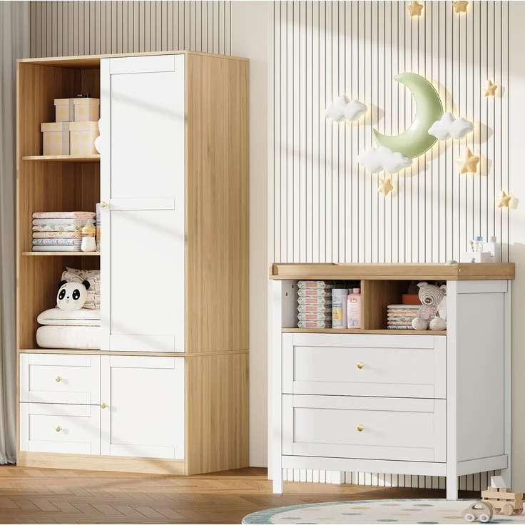 CHICFURN Kleiderschrank-Wickeltisch-Set mit Schiebetüren, Schubladen und abnehmbarem Schutzgitter Natur+Weiß 90x50x180 cm – Bild 3