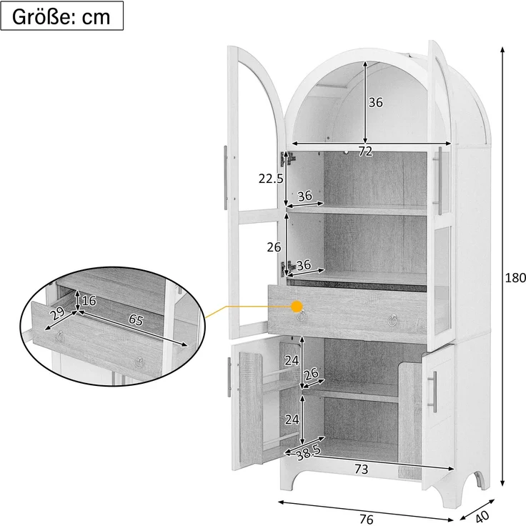 Highboard mit verstellbaren Regalböden und Schublade, Küchenschrank mit Riffelglas und großem Stauraum, Ideal für Esszimmer, Wohnzimmer und Küche (Weiß)--Weiß--76x40x180cm--YOUDENOVA – Bild 4