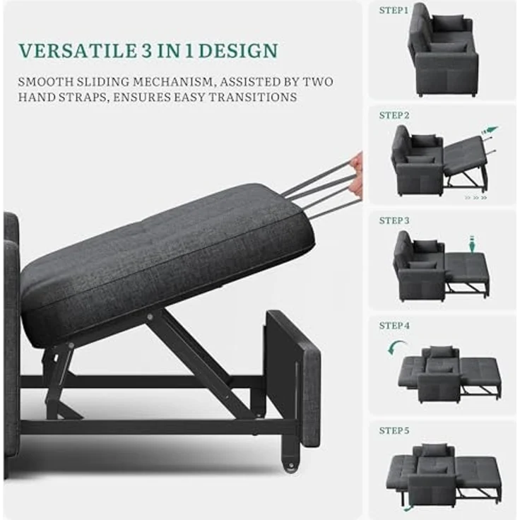 YITAHOME Schlafsofa mit Schlaffunktion, 182x136 cm Sofa, 5-stufig Verstellbarer Rückenlehne, 3-in-1 Schlafcouch mit 2 Kissen & Seitentasche, 2-Sitzer Sofa Bed für Gästezimmer, Grau – Bild 6