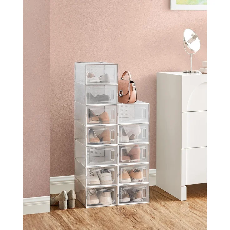Songmics Schuhboxen, 12er Set, Schuh-Organizer aus Kunststoff, faltbar und stapelbar, für Schuhe bis Größe 44, transparent-weiß LSP12SWT – Bild 3