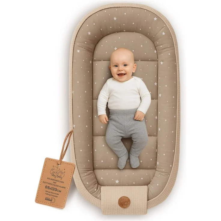 Babynest Neugeborene Nestchen Baby 65x120 cm - Kokon Handmade zweiseitig aus Baumwolle Waffel mit Babynestchen Beige mit Weiß Sternen – Bild 1