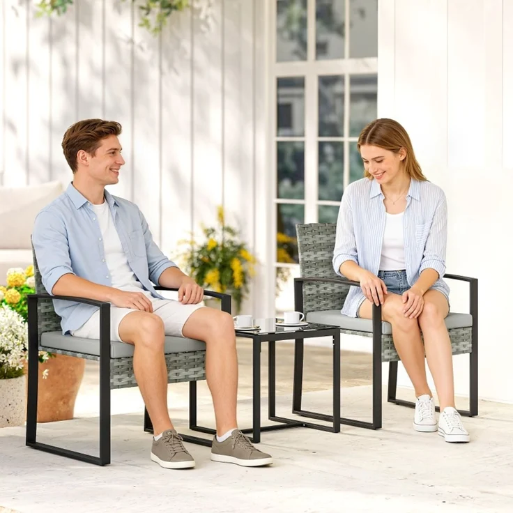 Rattan Bistroset, 3 teiliges Gartenmöbel-Set mit 2 Gartenstühlen, Couchtisch, abnehmbar Kissen Hellgrau – Bild 2