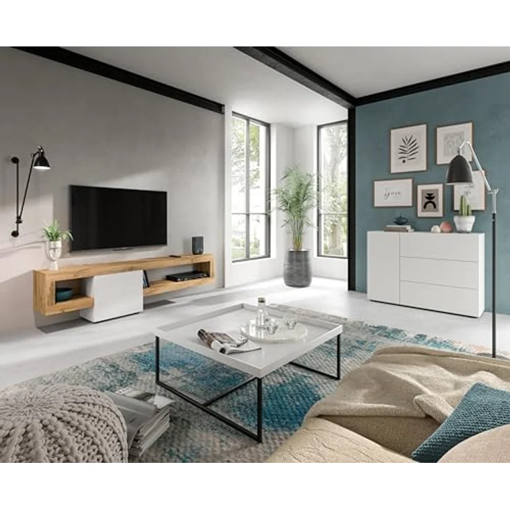 Xonox Lowboard, Weiß, Holzwerkstoff mit Push-to-Open-Technologie, 190x51x30 cm, ideal für Wohnzimmer – Bild 2