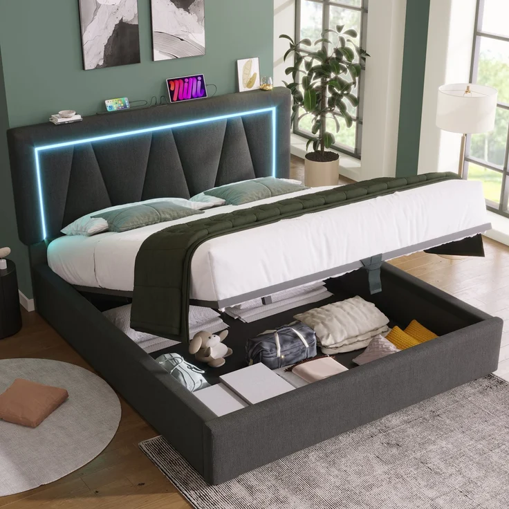 Wohnora-Polsterbett LED Doppelbett mit USB Typ C Ladefunktion und LED-Beleuchtung,Stauraumbetten Bettgestell aus Leinenmaterial Jugendbett 160x200 mit lattenrost(Mit Matratze),Grau – Bild 5