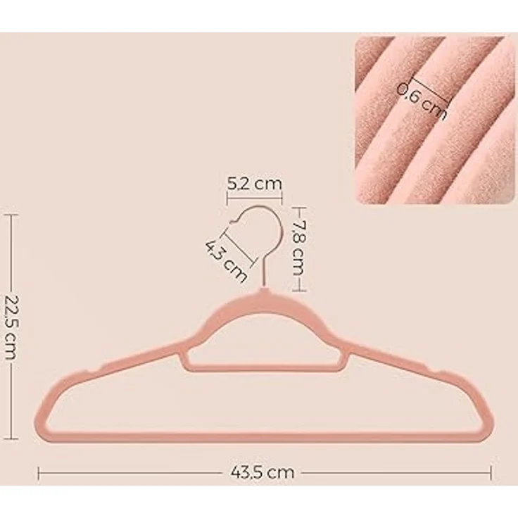 SONGMICS Kleiderbügel Samt, 50er Set, Bügel, rutschfest, kleine Stange für Krawatten, 360° drehbarer Haken, 0,6 cm dick, platzsparend, 43,5 cm lang, für Mäntel, Hosen, Roségold-Hellrosa CRF21PK50 – Bild 5