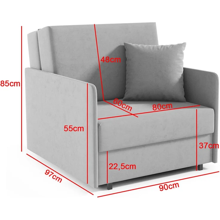 Sofasessel YORK I mit Steppung, 1-Sitzer Schlafsofa, Jugendsofa mit Schlaffunktion, ausziehbare Couch, mit Bettkasten, inkl. Kissen, Kronos 03, 85 x 97 x 90 cm – Bild 5