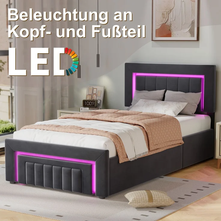 Polsterbett 90x200 cm, Anthrazit/Grau, Velours, LED, hydraulischer Stauraum & Schublade (ohne Matratze) – Bild 6