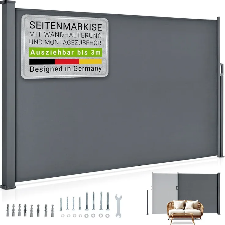 Juskys Seitenmarkise Dubai 300 x 160 cm ausziehbar blickdicht, Sichtschutz für Balkon & Terrasse, Seitenrollo Wandhalterung – anthrazit