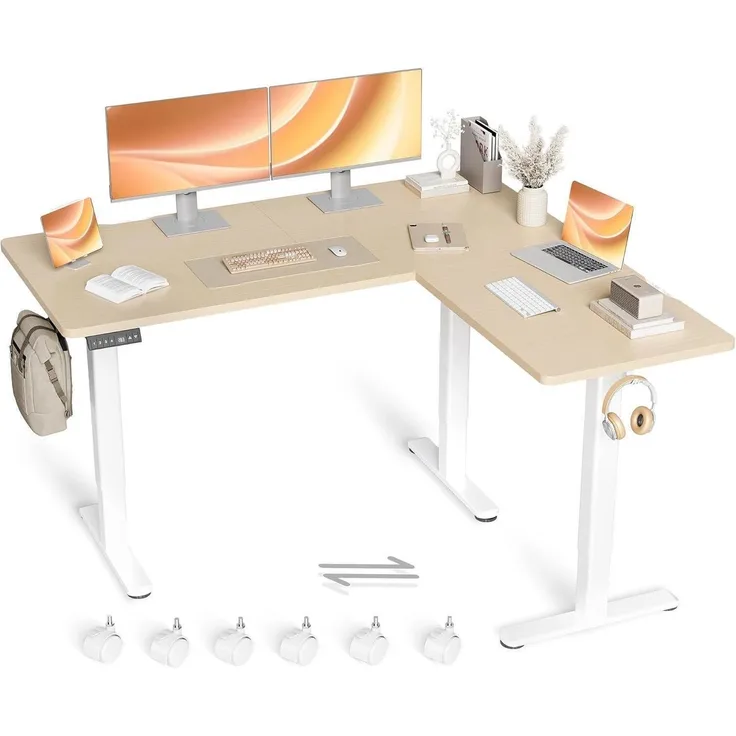 Claiks Eckschreibtisch Höhenverstellbar 160x140cm Dual-Motor L-Form Beige