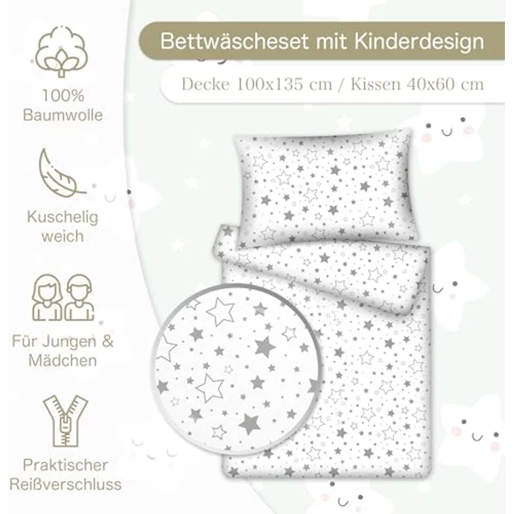 KiGATEX Kinderbettwäsche KiGATEX Set 2-teilig, 100x135 + 40x60 cm, für Mädchen + Jungen, 100% Baumwolle, weich & atmungsaktiv, waschbar bei 60°C – Bild 3