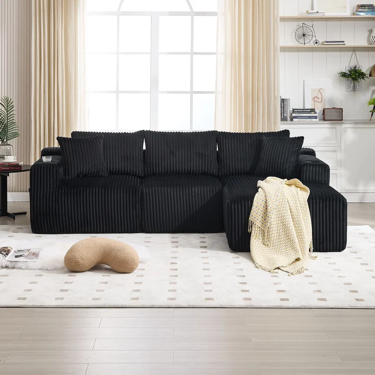 Modulares Sofa Set mit Chaiselongue & 2-Sitzer in Schwarz, weicher Cordbezug, 5 Kissen, Getränkehalter – Bild 5
