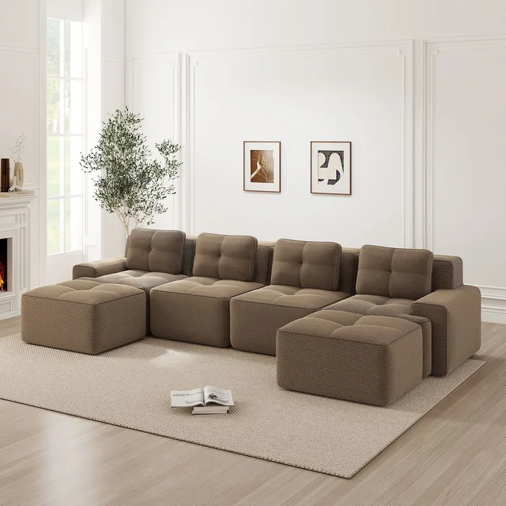 Boneless Sofas für Wohnzimmer,Modulares Sofa mit U-förmiger Chaiselongue 4-Sitzer Bequem Polstertes Tiefsitz 80% Corduroy-Cloud-Sofa Montagefreies Sofa Rutschfestes Design,Corduroy,braun,