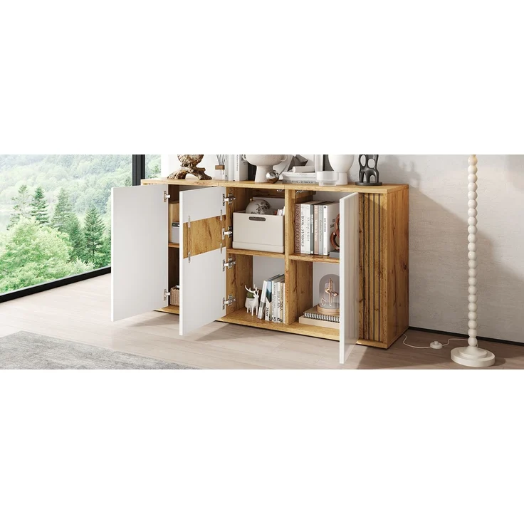 ZUBALIYA Sideboard 140x35x71 cm, mit 3 Türen, aus MDF / Spanplatte, Weiß / Natur – Bild 14
