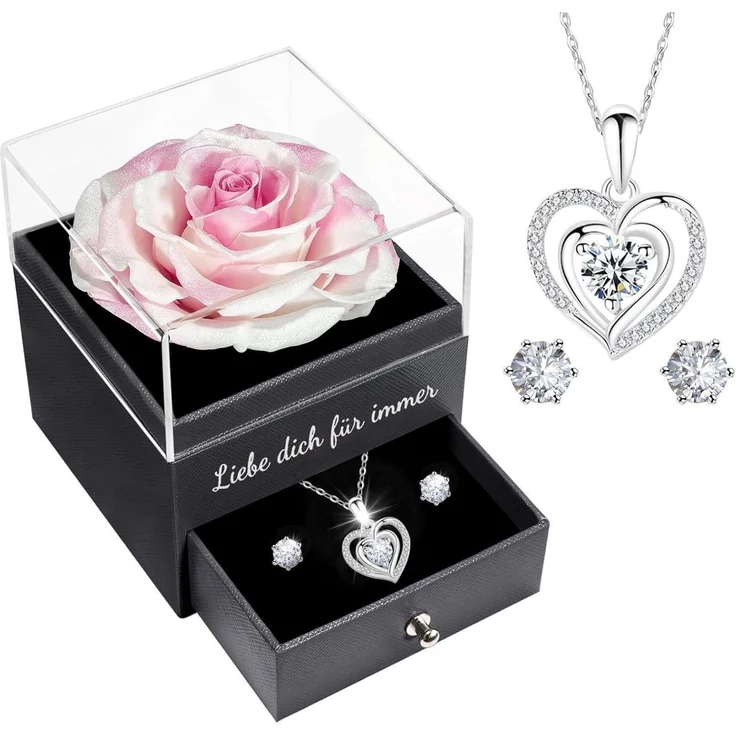 Ewige Rose Geschenkbox 925 Silber Halskette Ohrringe Set White Pink – Bild 1