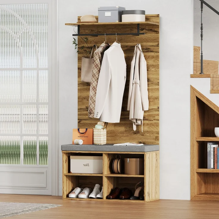 175 cm hohes Garderobenset in Holzoptik mit Schuhbank, verstellbarem Regal, Kleiderstange und Polster – 84 x 32 cm – Praktische Flurmöbel--Eiche--97.79x41.91x13.34cm--YOUDENOVA – Bild 5
