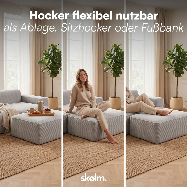 skølm 'Freki' Cloud Sofa 3 Sitzer mit 2x Hocker, Vollschaumcouch mit Federkern und Vakuum-Kompression, kein Aufbau erforderlich, mit 3 Kissen, Cord grau – Bild 5