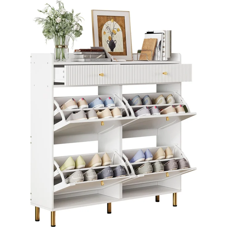 ZUBALIYA Schuhschrank (106,5 x 25 x 105,5 cm), 4 Klappfächer und 2 Schubladen, Verstellbare Einlegeböden, Aus MDF und Spanplatte, Weiß – Bild 14