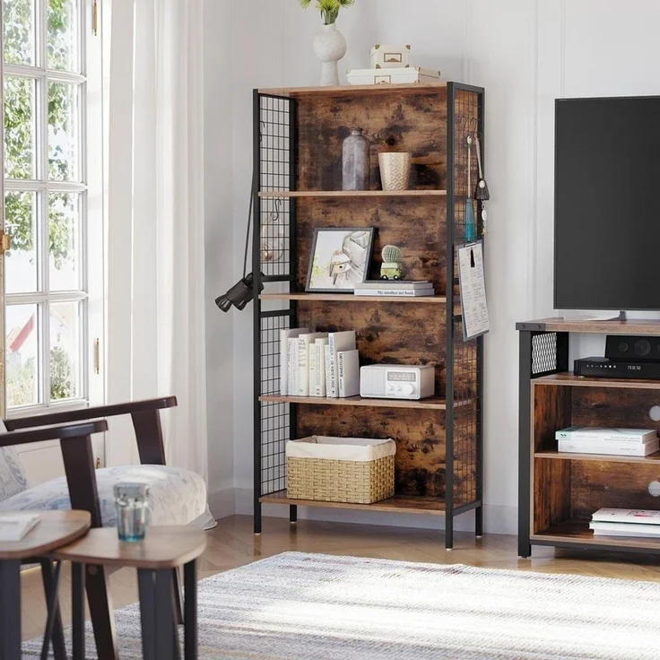 VASAGLE Bücherregal, Büroregal, Küchenregal, Standregal mit 6 Ablagen, 4 S-Haken, 30 x 40 x 175,6 cm, für Büro, Wohnzimmer, Arbeitszimmer, vintagebraun-tintenschwarz – Bild 2