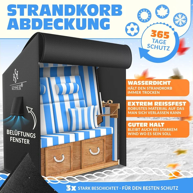 KESSER® Premium Strandkorb Schutzhülle mit Belüftungsöffnungen, Strandkorbhülle Wasserdicht, Winterfest UV-Beständiges, Schwerlast Reißfest 600D Oxford Gewebe Abdeckung (135x100x160/150cm) Schwarz, 135cm – Bild 2