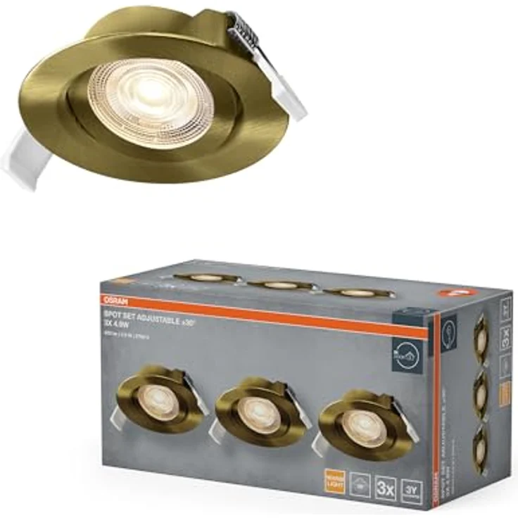 Osram Spot Set LED Einbaustrahler, 4,9W, 2700K, Deckenspot 36°, Messing, Aluminium/Kunststoff, schwenkbar, IP20, 3er-Set – Bild 2