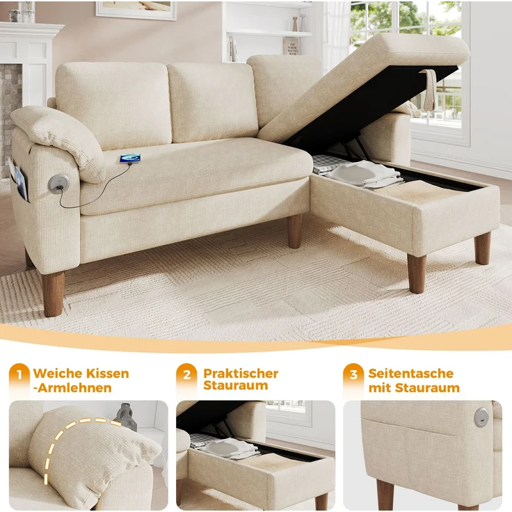 Merax L-förmiges Ecksofa, 3-Sitzer Sofa mit Stauraum-Chaiselongue, links/rechts montierbar, USB/Type-C-Ladeanschluss, Seitentasche, 2 halbfeste Armlehnenkissen, Chenille Stoff, Beige – Bild 6
