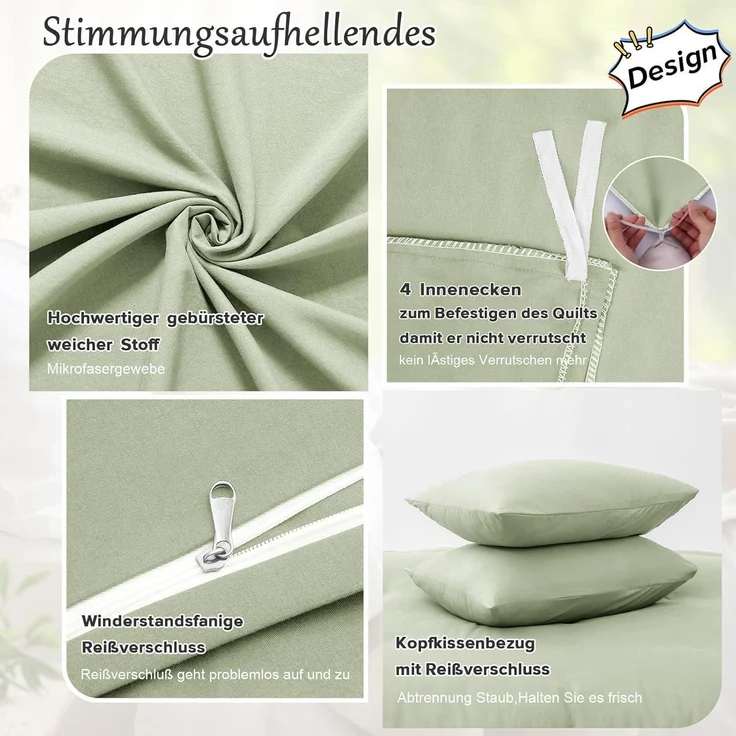 ohano Bettwäsche-Set 220x240 cm Salbeigrün 3tlg. Mikrofaser – Bild 4