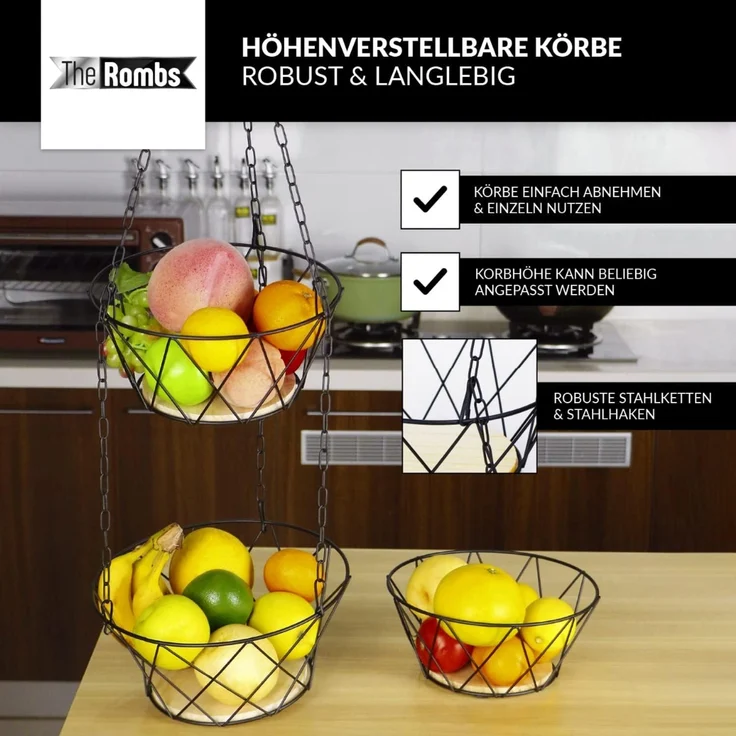 Obstkorb hängend 3 Etagen mit Holzboden und Metallkette – Bild 5