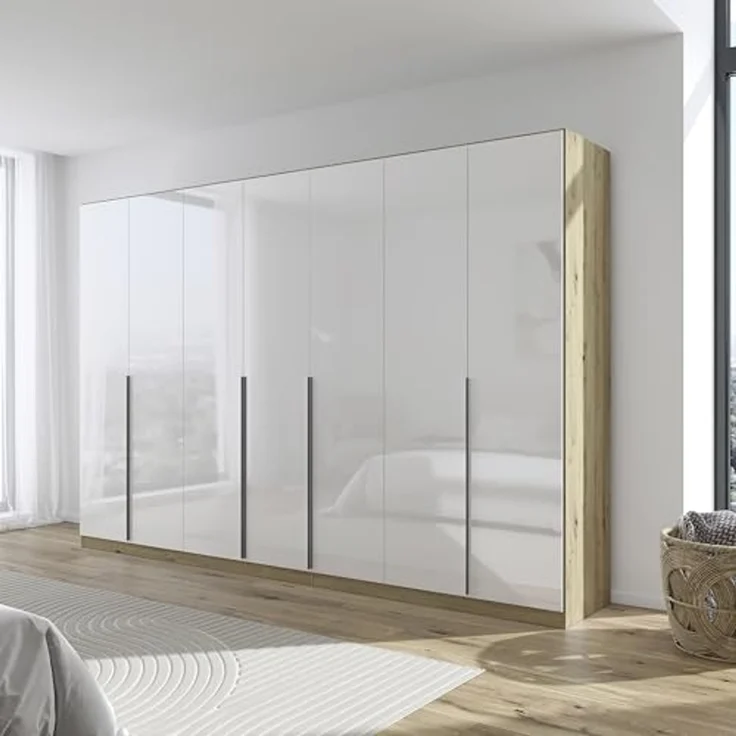 Rauch Möbel Alabama, Kleiderschrank für Schlafzimmer, Kinderzimmer, Wohnzimmer, Garderobe, Flur, 7-türig, mit Zubehör Basic, Farbe Weiß Hochglanz/Eiche Artisan, Holz, Breite 315 cm – Bild 2