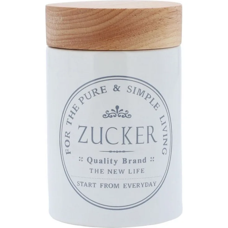 KHG Vorratsdose für Zucker aus Steinzeug mit Akazienholz‑Deckel – im Landhausstil, Steingut, Aufbewahrungsdose für Zucker, schützt Aroma da luftdicht verschließbar