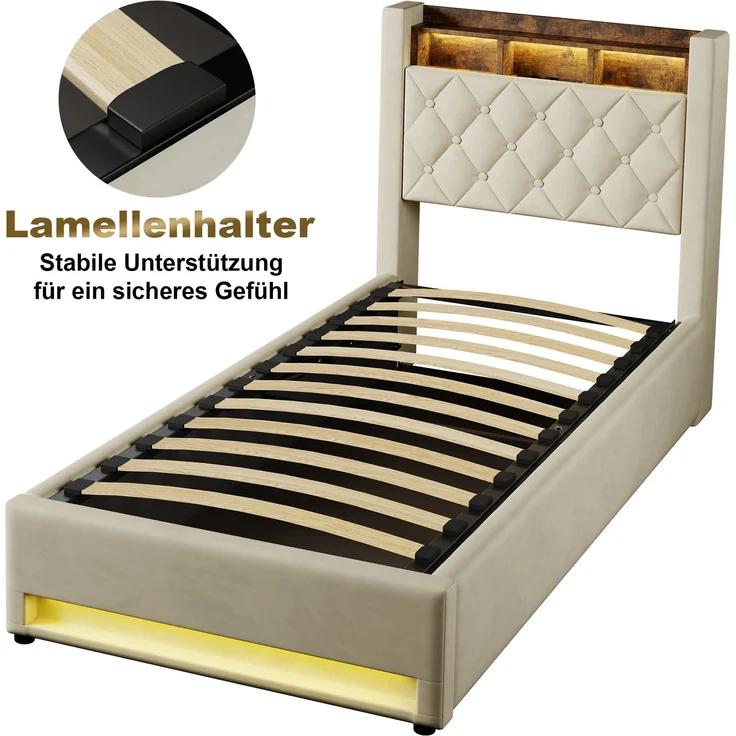 Polsterbett aus Samt mit hochelastischer Polsterung & Lattenrost, ohne Matratze, 90x200 cm, Beige – Bild 8