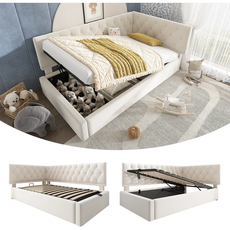 Polsterbett, Tagesbett Daybett Schlafsofa mit hydraulischem Stauraum Kinderbett Jugendbett Bettgestell mit Lattenrost, Samt, Beige, 90 x 190 cm