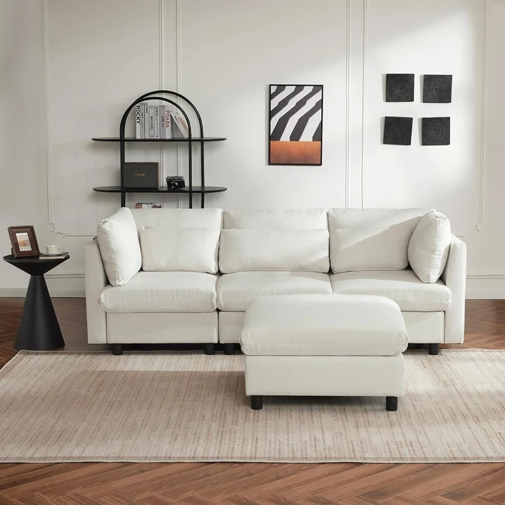 Ecksofa Fußhocker 220cm L Form 3 Sitzer Beige Ecksofa mit Fußhocker – Bild 4