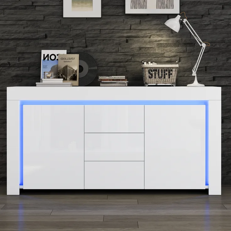 Merax Wohnzimmerschrank, Kommode mit 3 Schubladen, 2 Türen, Hochglanz Beistellschrank mit LED-Lichtleiste, Sideboard mit Stauraum, Weiß