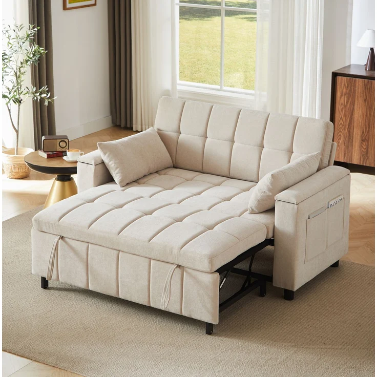 Schlafsofa Chenille, 3-in-1 mit Armlehnen-Stauraum, 148,6x81,3x86,4 cm, Beige – Bild 3