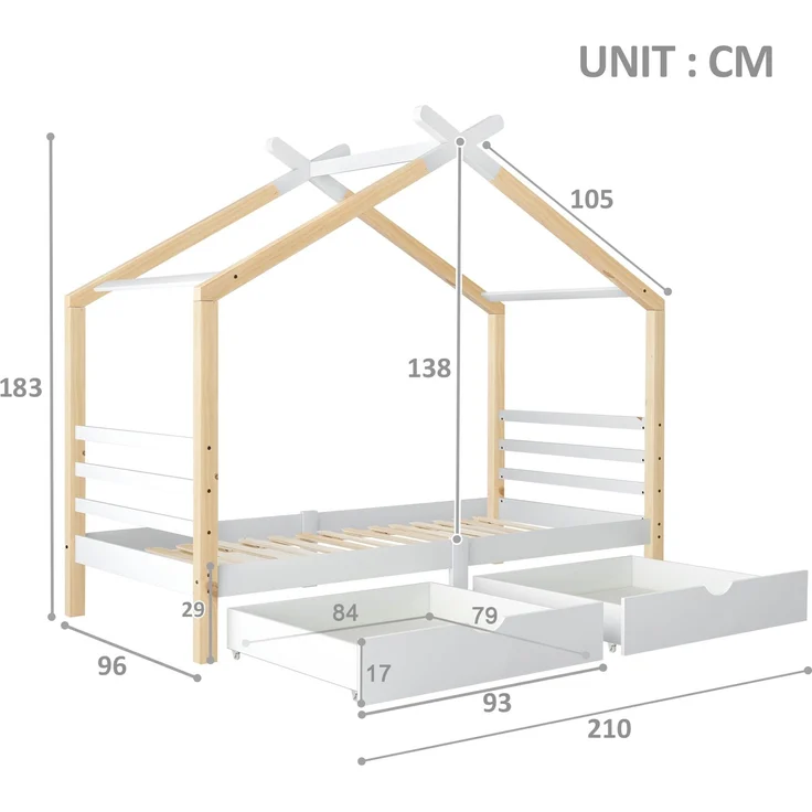 Merax Kinderbett Hausbett mit Schubladen, Massivholz mit Lattenrost, Kiefernholz Hausbett , Kinder und Jugendzimmer, weiß+holzfarbe (90x200cm) – Bild 4
