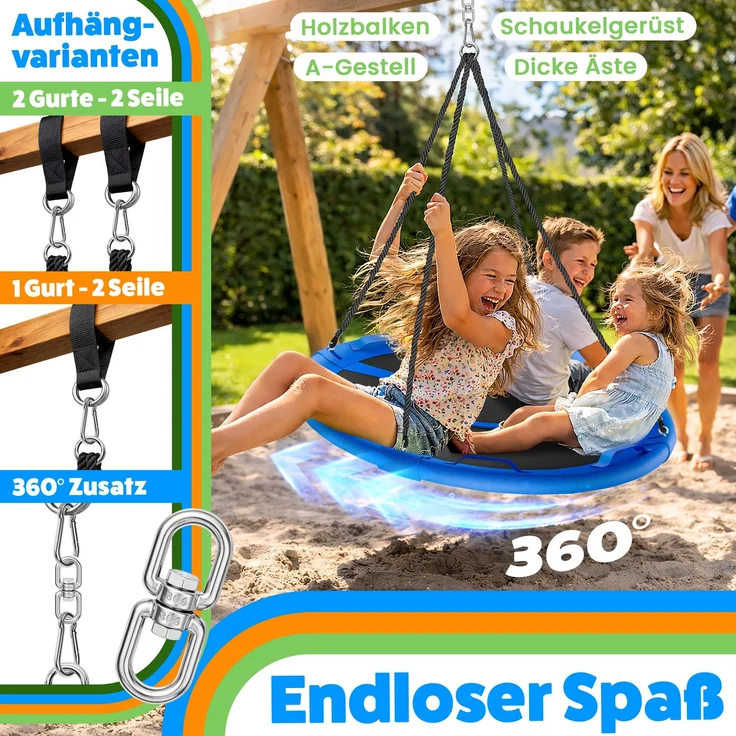 ELONEO Nestschaukel Outdoor & Indoor mit 90 oder 120 cm Durchmesser, Tellerschaukel, höhenverstellbare Hängeschaukel inkl. Kissen, Griffen und Zubehör-Set, Blau - 90cm – Bild 5
