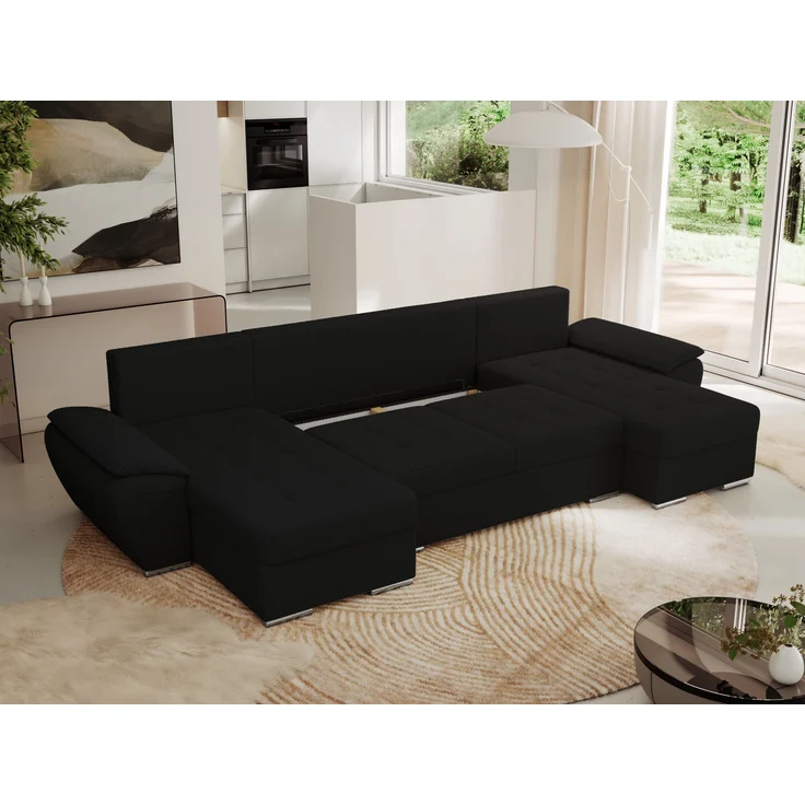 U-förmiges Ecksofa mit Schlaffunktion, genähter Sitz, zwei Armlehnen und losen Kissen - UMBRIA U - Schwarz Boucle – Bild 4