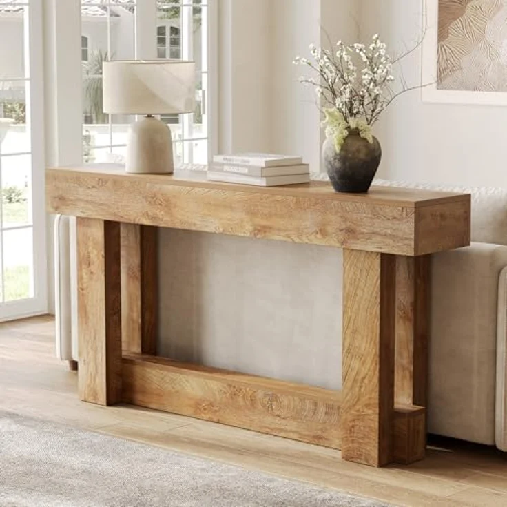 LITTLE TREE 63-Zoll-Konsolentisch im Landhausstil, 2-stufiger Sofatisch aus Holz für hinter die Couch, schmaler, Langer Eingangstisch für Wohnzimmer, Eingangsbereich, Flur (Natur) – Bild 7