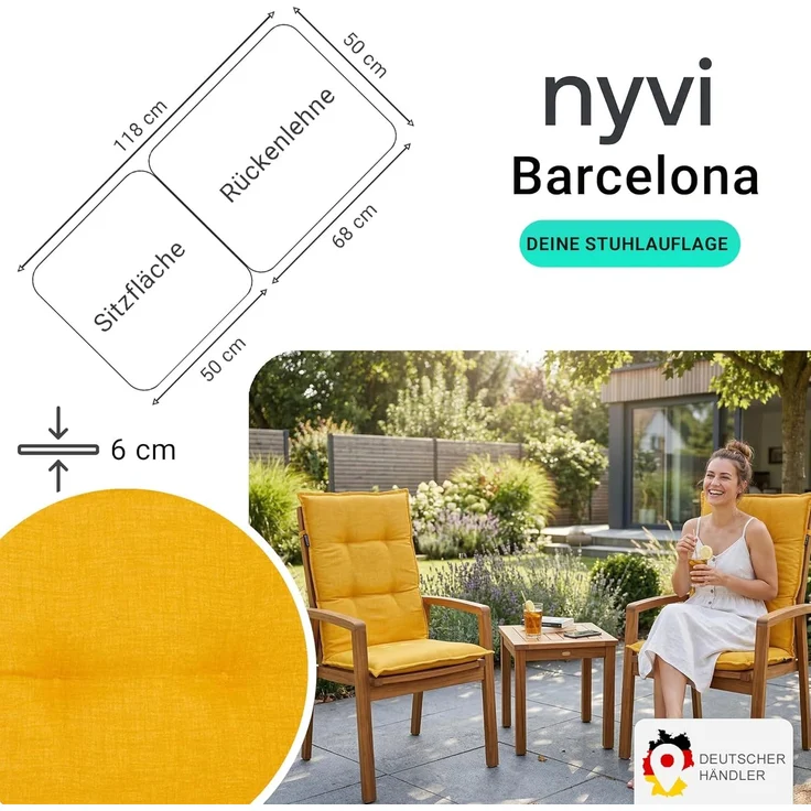 NYVI Hochlehnerauflage Hochlehner Auflagen 4er Set Barcelona - Gartenstuhlauflagen 118x50cm, (4 St), Stuhlauflage, Sitzauflage mit Halteband, UV-fest – Bild 2