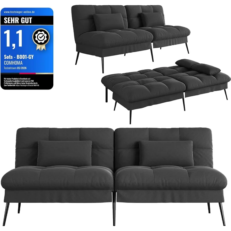COMHOMA Sofa Schlafsofa mit Schlaffunktion, überzug Futon Klappsofa, Bettcouch, ecksofa, Couch Gästebett, 3-Sitzer Sofa, mit verstellbare Rückenlehne aus Stoff Schwarz – Bild 1