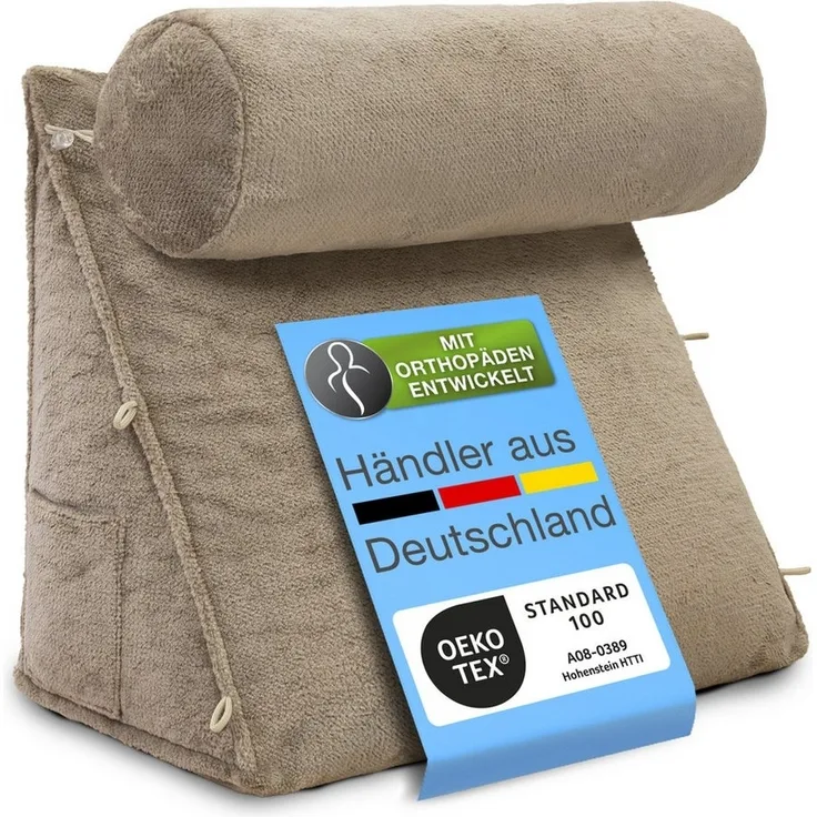 aktivshop Rückenkissen mit Nackenrolle für Bett & Sofa, 55x50x30cm, waschbarer Bezug