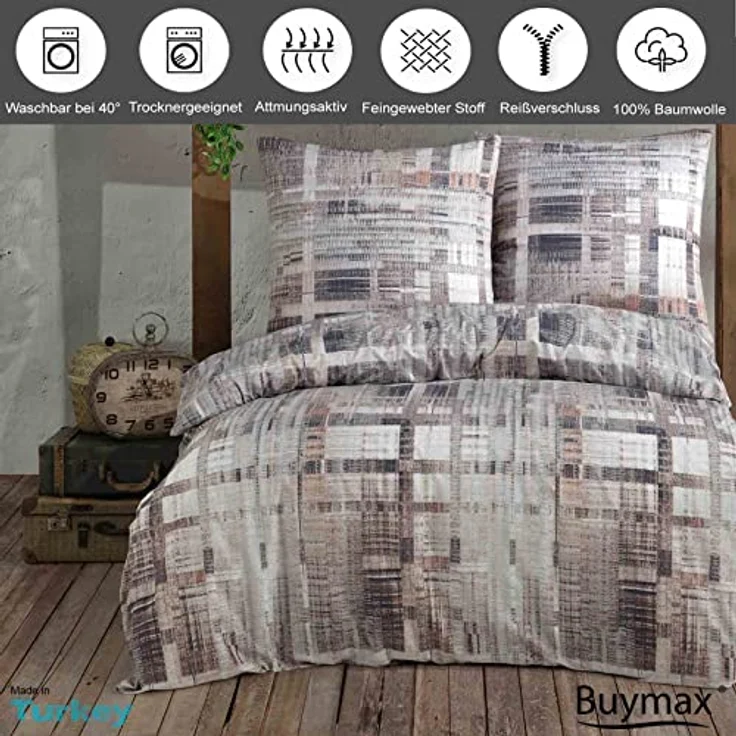 Buymax Bettwäsche Alvaro, Renforce: 100% Baumwolle, 2 teilig, 155x220 cm, Bettbezug-Set mit Reißverschluss Karo Kariert, Braun Beige – Bild 3