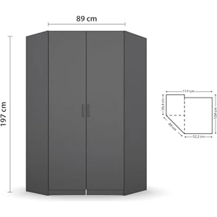 Rauch Möbel Allrounder Schrank Eckschrank Kleiderschrank Grau, 2-türig, inkl. 2 Kleiderstangen, 5 Einlegeböden, BxHxT 136x197x54 cm – Bild 3