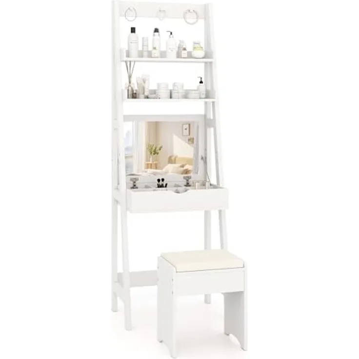 COSTWAY 3 in 1 Schminktisch & Leiterregal & Schreibtisch mit Klappspiegel und 3 Haken, Frisiertisch mit 2 Ablagen und 6 Fächern, Makeup Tisch mit Hocker, Kosmetiktisch weiß