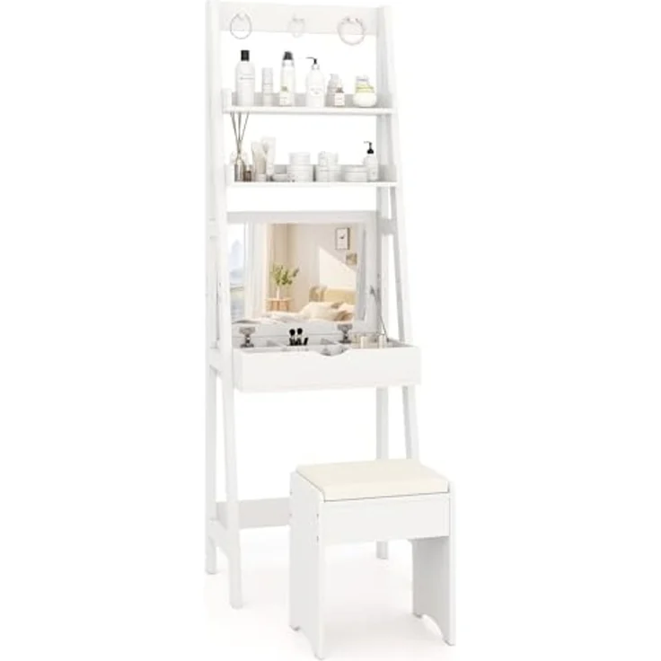 COSTWAY 3 in 1 Schminktisch & Leiterregal & Schreibtisch mit Klappspiegel und 3 Haken, Frisiertisch mit 2 Ablagen und 6 Fächern, Makeup Tisch mit Hocker, Kosmetiktisch weiß – Bild 1